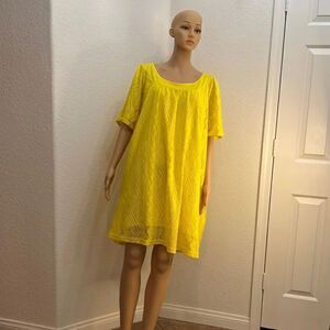 Roman’s Size 2X Yellow Floral Lace Dress Tunic  Scoop Neck Short Sleeve Summer